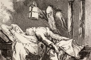 Friar Laurence来到Capulet地穴，发现罗密欧，朱丽叶和巴黎都死了，来自1890年伦敦出版的“插图图书馆莎士比亚” 作者 英语学校